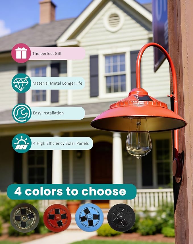 Goodeco Solar Barn Lights Outdoor - Warm White Outdoor Wall Lights with Motion Sensor & Clear Glass LED Edison Bulbs, No Wiring, Ideal Gifts for Patio Porch Deck & More, Red (2 Pack)