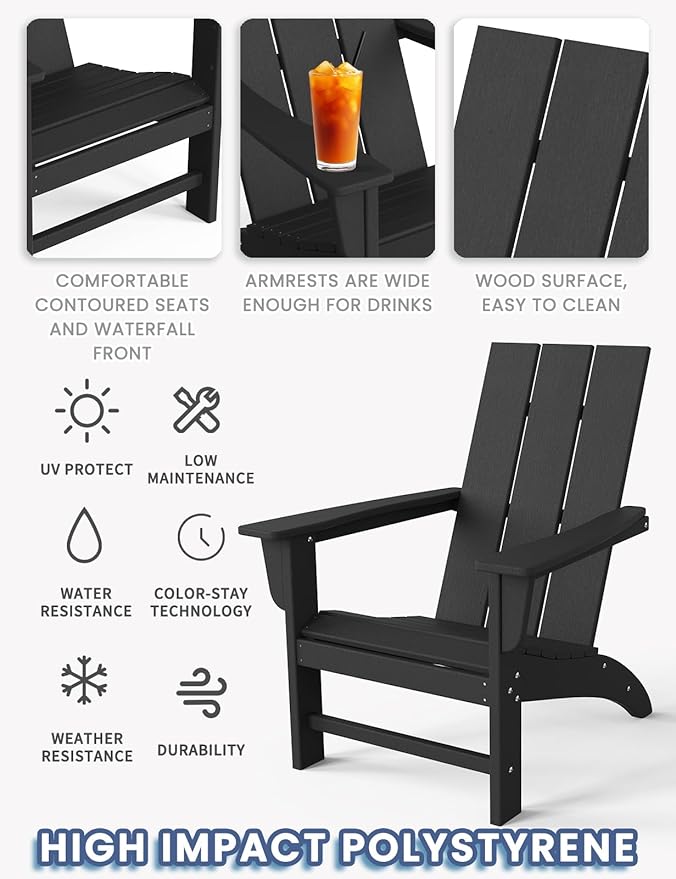 Modern Adirondack Chairs Set of 4, HDPE Plastic Patio Chairs for All Weather, Fire Pit Chair, Outdoor Lawn Chairs for Deck, Porch, Backyard, Garden, Black