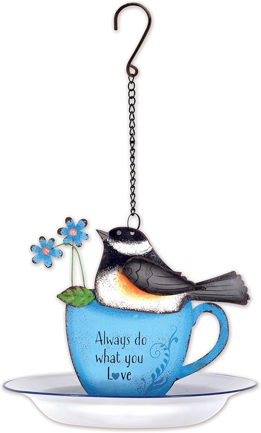 Sunset Vista Designs for The Birds Enameled Cup & Saucer Hanging Birdfeeder, 13.5-Inch, Chickadee