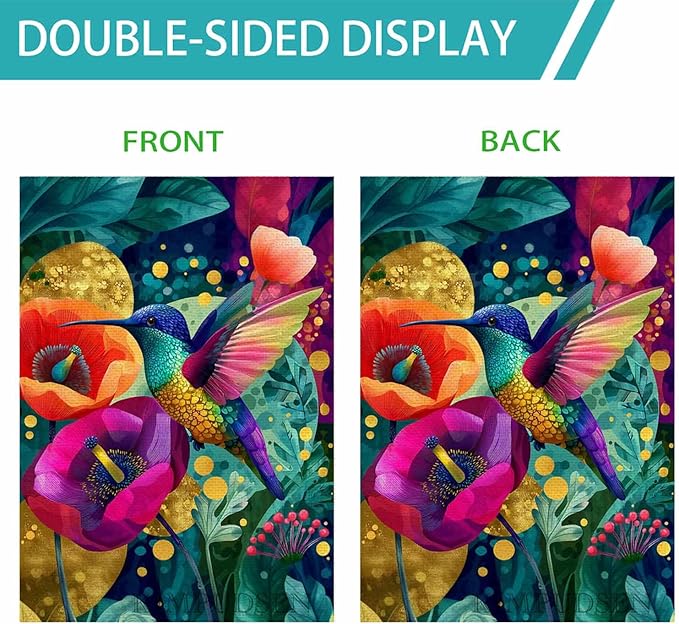 Hummingbird Floral Welcome House Flag 28x40 Inch Double Sided for Outside, Spring Summer Garden Decor for Patio Lawn