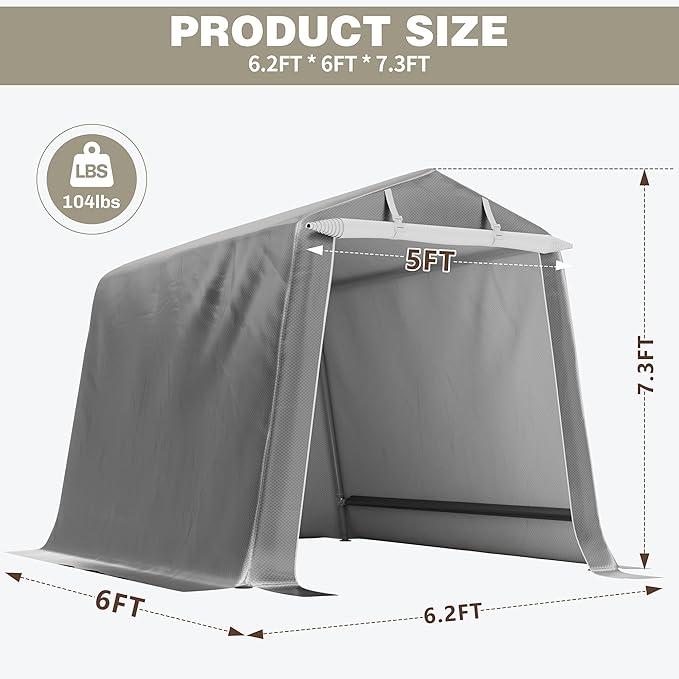 Shintenchi 6x6 FT Motorcycle Carport,Portable Storage Shed with Roll-up Zipper Door,Heavy Duty Portable Garage,UV Resistant & Waterproof Tarp,Storage Tent for Motorcycle,Bike,Garden Tools,Grey