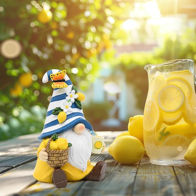 Lemon Decor Spring Garden Gnome, Mediterranean Decor Resin Figurines, Lemon Party Decoration for Home Kitchen Office Tiered Tray, Summer Gnomes Gifts