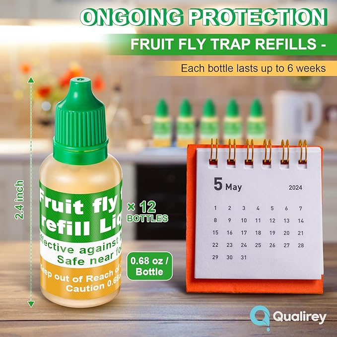 Qualirey 12 Pack Fruit Fly Trap Refill Liquid, 0.68oz Per Bottle Liquid Fruit Fly Traps for Indoors, Non Toxic Bait Safe Near Pets, Food and Kids, Lure Refill for Home Kitchen