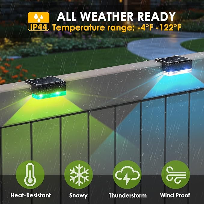 LIANGLOME 8PK Solar Fence Lights Outdoor - Warm White & RGB 6 Color, Dusk to Dawn Deck Light, IP65 Waterproof Garden Lights for Outside/Backyard/Railing/Step/Patio/Wall