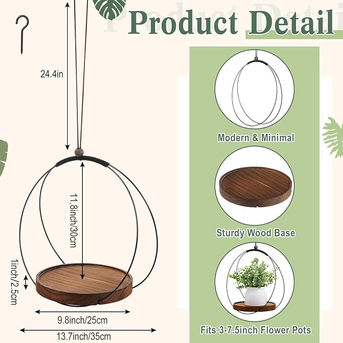 Threehoney 3 Pack Hanging Planters for Indoor Black Plant Hanger with Round Wood Base Large Indoor Hanging Plant Shelf Boho Holder Gift for Mom,Housewarming (9.8 '')