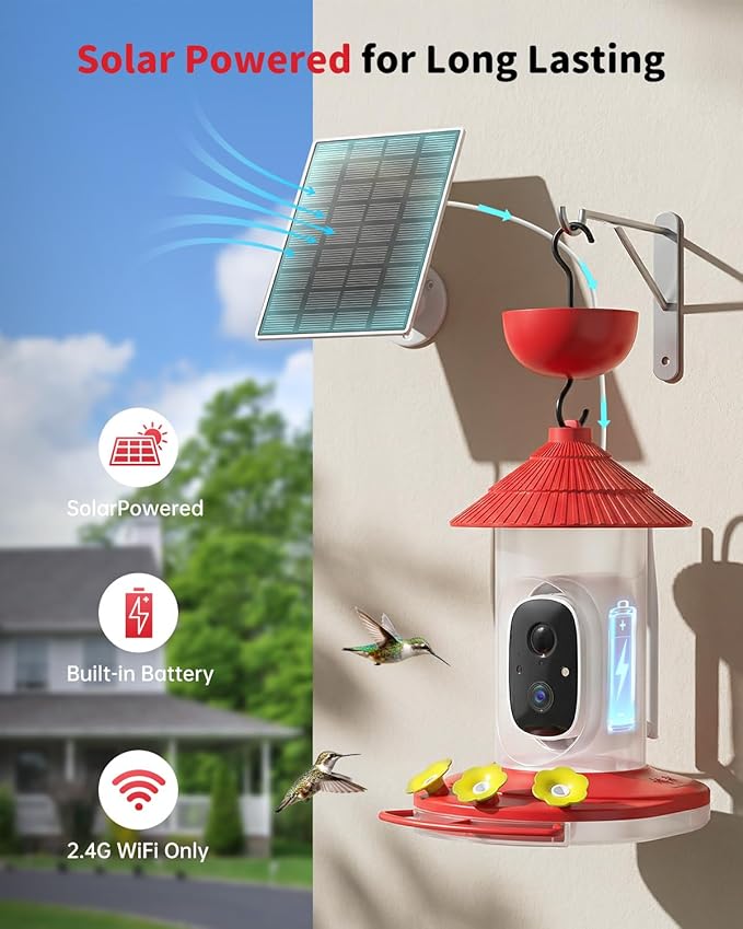 NAVFS Smart Hummingbird Feeder with Camera, 2K AI-Powered Outdoor Hummingbird Camera Feeder with Solar Panel, Auto Capture Videos & Motion Detection, Ideal Gift for Bird Watchers-Red
