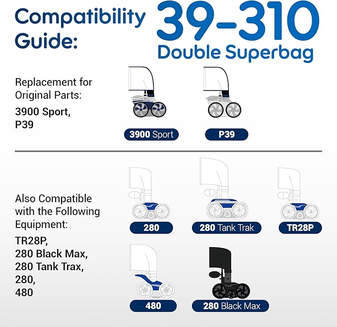 3900 Sport Double Chamber Design 39-310 Pool Cleaner Bags，Double Chamber and Pull-Tape Design Fit 3900 Sport,P39 and 480 280 Pool Cleaners(2 Pack)