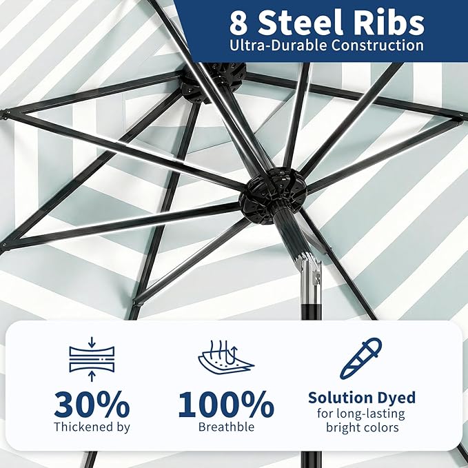 Garvee 9FT Outdoor Patio Umbrella 8 Sturdy Ribs Outdoor Table Umbrella with Crank Lift & Push Button Tilt UV Protection Waterproof Market Umbrellas for Pool Deck Yard, Turquoise & White Stripes