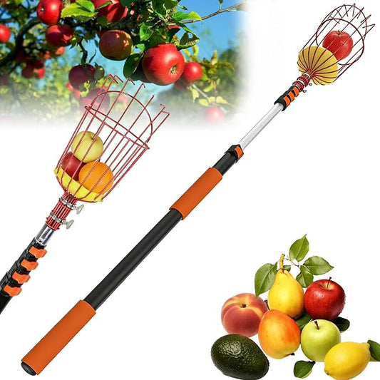 26FT Reach Fruit Picker Pole with Basket Telescoping, Lightweight Aluminum Apple Picker Extension Pole, Fruit Catcher for Trees, for Apple Orange Lemon Mango Avocado Pear Fruit Picking