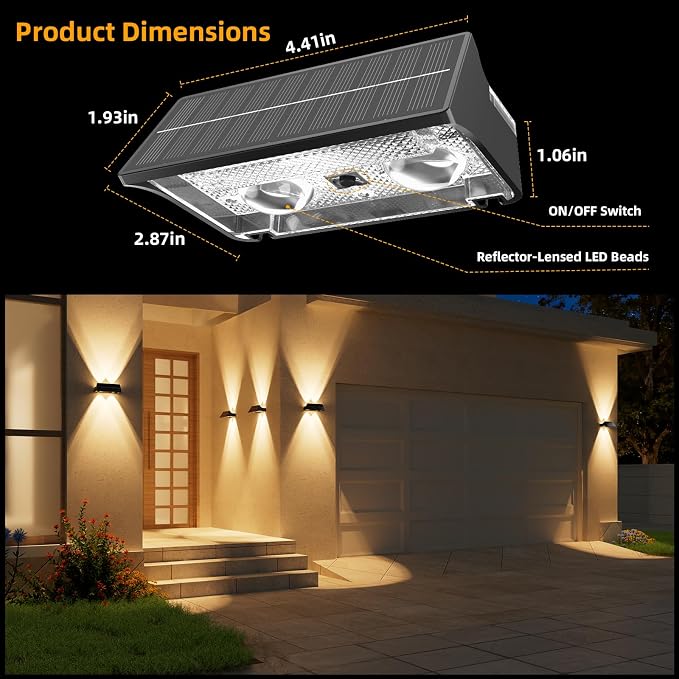 NIORSUN Solar Fence Lights Outdoor, 8 Pack Up and Down Waterproof Solar Wall Lights, Warm & Cool White + RGB, Fence Lights with Lens, Dusk to Dawn Lighting for Patio, Backyard, Pool, Railing (Black)