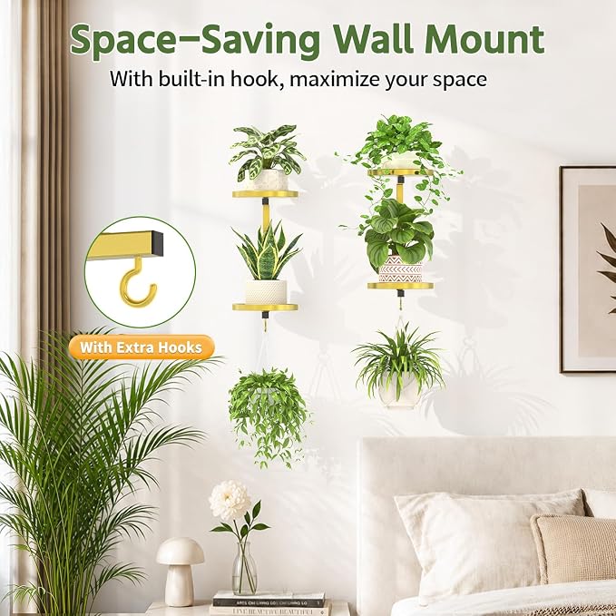 LASZOLA Plant Hangers Holder Wall Mounted Indoor, Metal 2 Tier Window Hanging Plant Shelves, 2Pcs Modern Floating Flower Display Stand with 2 Hooks for Outdoor Kitchen Bathroom Decor, Warm Gold