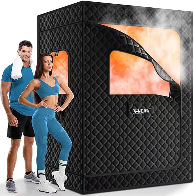 X-Vcak 2 Person Sauna, Extra Large Sauna, Portable Steam Sauna Tent with 2 Steamers, 2 Folding Chair, 71”x 49”x 36”, Black