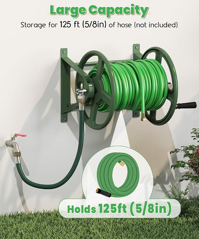 Garden Hose Reel Wall Mounted, Heavy-Duty Water Hose Holder Winder with 3.9 ft Leader Hose & Brass Fitting, Hose Hanger Storage Rack Holds 125-Feet of, 5/8-Inch, for Yard Lawn Farm, Green