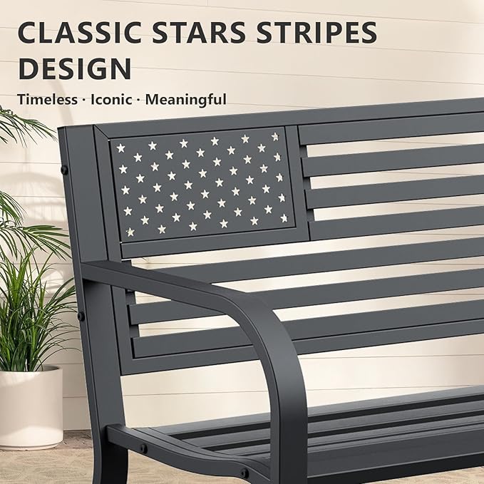 Outdoor Bench, Sturdy Metal Garden Bench with Classic Stars and Stripes Design Metal Backrest, 2-Person Patio Bench for Outside Seating, Cast Iron Steel Porch Yard Lawn Furniture, Black