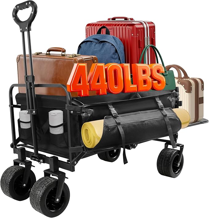 440 LBS Wagons Carts Foldable, Folding Collapsible Wagon Cart with Big All-Terrain Wheels & Cup Holders, Utility Graden Carts for Camping, Beach, Garden and Shopping
