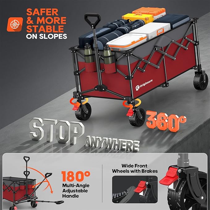 Originsure 220L Collapsible Wagon Cart Foldable, 38" L Extra Large Heavy Duty Folding Beach Wagons with All-Terrain Wheels, Utility Carts for Camping, Sports, Shopping, Groceries - Grey&Red