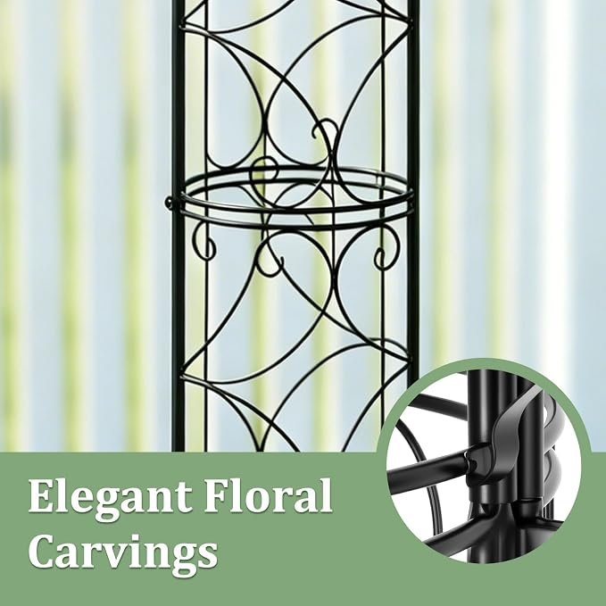 100% Metal 6.1 Ft Garden Obelisk Trellis for Climbing Plants, Rustproof Coated Floral Scrollwork Plant Support with Bird Finial, for Tomato, Rose, Grape, Cucumber, Vines, Indoor/Outdoor Black