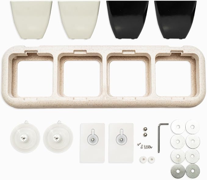 Eco-Friendly Wheat Fiber No Plastic Planter. Floating Window Shelf for Plants & Herb Garden with Removable Pots (Black & White Pots)