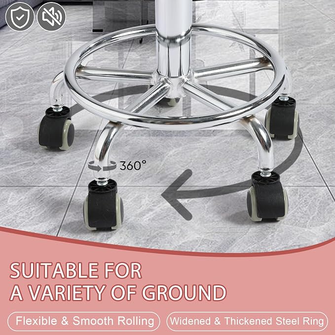 Adjustable Rolling Stool with Wheels Heavy Duty Round RollingStool with Footrest, Patent Leather Drafting Stool Chair with Wheels Work Spa Salon Seat, Pink