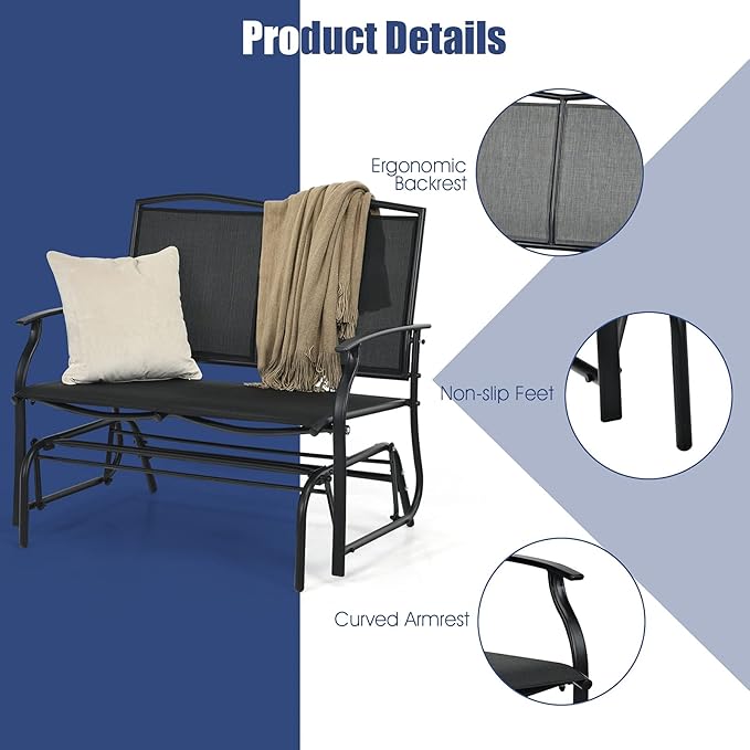 Giantex Patio Glider Benches for Outside, Swing Glider Chair with Steel Frame, 400 LBS Capacity, Patio Swing Rocker, 2-Person Loveseat for Backyard, Poolside, Lawn, Balcony, Porch Glider Bench(Black)