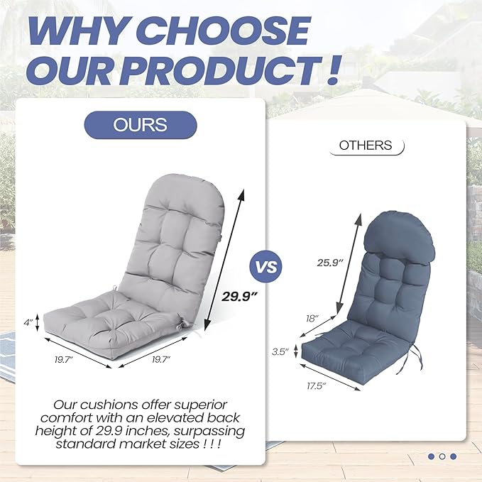 Crestlive 50x20x4 Inch Adirondack Chair Cushion, Outdoor Rocking Chair Cushions Water Resistant High Back Patio Chair Cushions Set of 2, Thick Patio Replacement Cushions Light Gray
