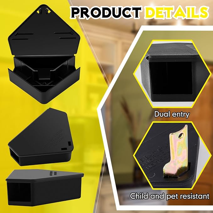 Qualirey 4 Pcs Mice Station with Key Triangle Mouse Station Lockable Reusable Bait Box, Enclosed Design for Indoor and Outdoor Use, Suitable for Small Mice (Black)