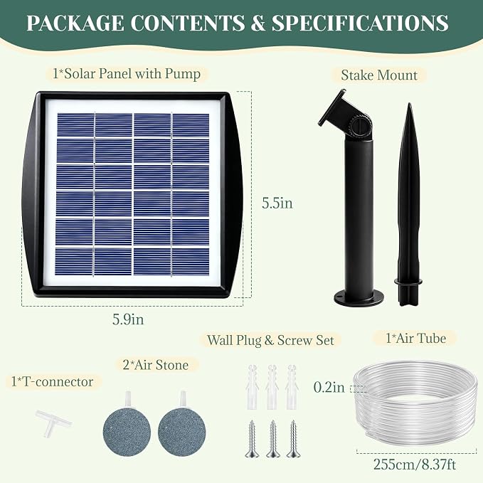 2W Solar Pond Aerator, Solar Air Pump with 2 Air Stones, Dual Working Modes, Solar Aerator for Pond, Fish Tank, Aquarium, Outdoor Fishing