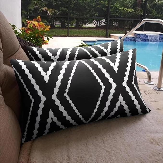 Adabana Outdoor Lumbar Waterproof Pillow Covers Set of 2 Boho Geometric Throw Pillows Cover for Patio Garden 12 x 20 Inch Black and White