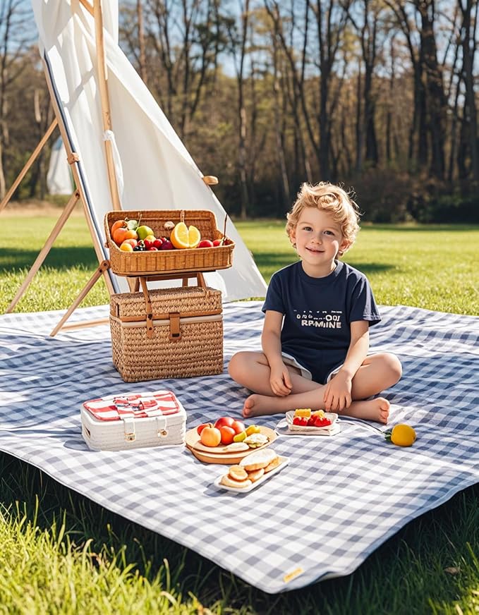 Wind Tour Waterproof Picnic Blanket with Carry Strap - Foldable Sandproof Outdoor Mat for Camping, Beach, Park - 59" x 71",Grey Grid (Two Mat Set)