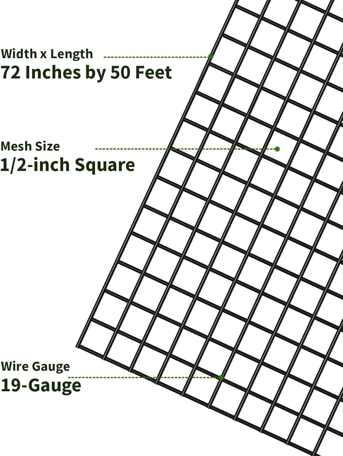Black Hardware Cloth 1/2 inch Mesh 72'' x 50' 19-Gauge, Chicken Wire Mesh, Welded Wire Fencing, Chicken Wire Fencing, Rodent Wire, Garden Fence, Tree Guard, Wire Mesh Fencing