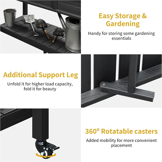 DWVO Raised Garden Bed HDPE with Wheels & Legs, 47x18x31in Weather-Resistant Poly-Wood Elevated Planter Box Outdoor, Double Tier Planters for Patio Balcony Backyard, Black