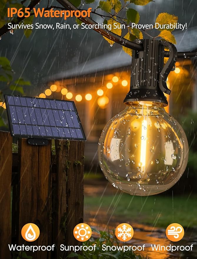 Larkvue 100FT(4x25FT) Solar String Lights Outdoor with Remote, Waterproof Dimmable 3 Modes Patio Light with 40+3 LED G40 Bulbs for Camping Porch-Black