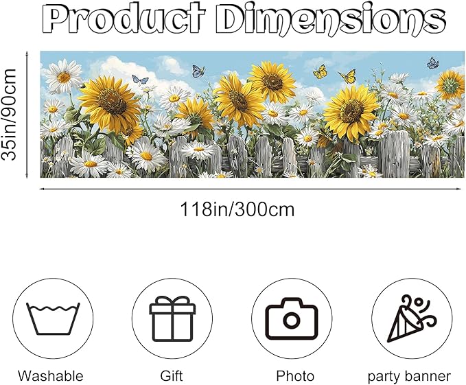 Sunflower Spring Fence Banner 118 x 35 Inch, Large Waterproof Outdoor Floral Banner with Sunflowers, Daisies & Butterflies for Yard Garden Porch Fence Decorations