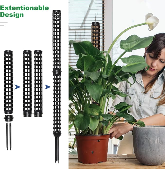 Moss Pole for Climbing Plants Monstera, Indoor Plant Supports, Plastic Moss Stick, Plant Stake for Garden, Extension Aid Climbing Rob (Black, 2pcs 10inch)