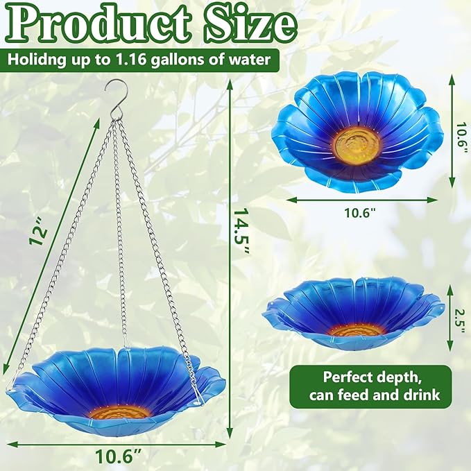 2 Pack Hanging Bird Bath for Outdoors, 11 Inch Metal Bird Feeder Water Bowl with Rust-Proof Stainless Steel Chains Flower Shape Hanging Birdbaths Feeder for Outside Garden Yard Patio Decor