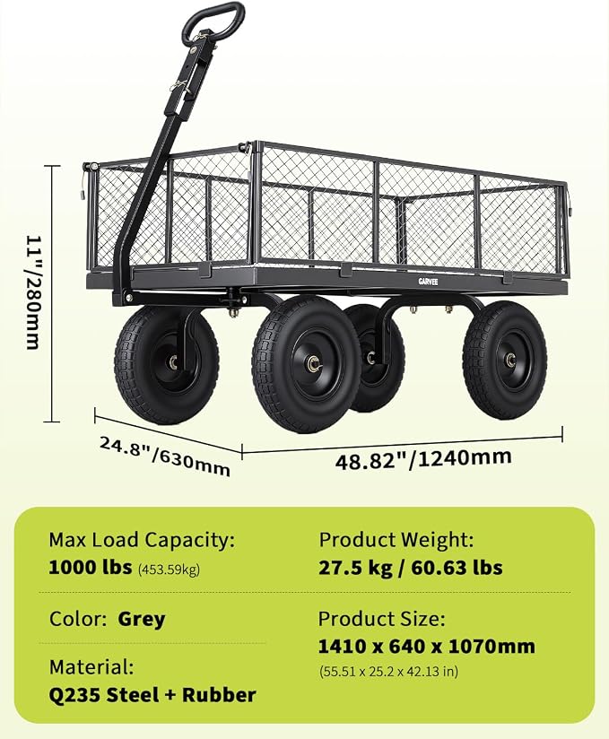 Garvee Versatile Outdoor Utility Cart-1000LBS Heavy-Duty, 13" All-Terrain Pneumatic Tires, Vehicle-Connectable, Easy Maneuverable Lawn Cart with Removable Mesh Panels for Gardening & Landscaping,Grey