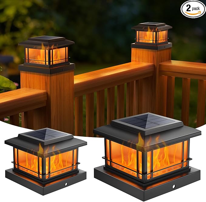 NIORSUN Solar Post Lights Outdoor, Fence Post Solar Lights with Flickering Flame Light & 3 Color Temps, Waterproof, Garden Patio Fence Deck Decor, 4x4 Posts Caps, 4x4, 5x5 Wooden & Vinyl (2Pack,Black)