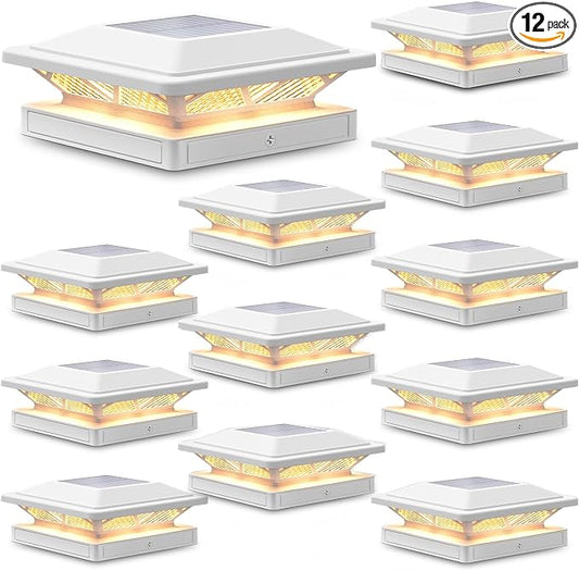 SIEDiNLAR Solar Post Cap Light 2 Modes 12 Pack, 3.5x3.5 4x4 4.5x4.5 5x5 Vinyl/Wooden Posts, Waterproof Outdoor Lighting for Fence Deck Patio Garden Decor, White/Warm (White)