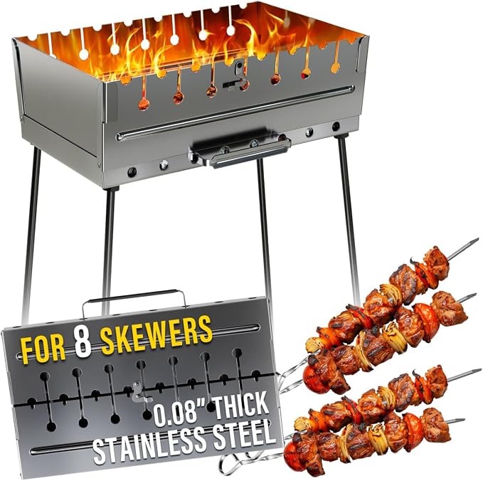 Stainless Steel Charcoal Grill for 8 Skewers – Portable BBQ 16.93"×9.45"×16.93" – Foldable Kabob Mangal – Rustproof Shish Kebab Grill for Outdoor Cooking, (Skewers Not Included)