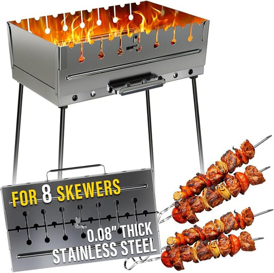 Stainless Steel Charcoal Grill for 8 Skewers – Portable BBQ 16.93"×9.45"×16.93" – Foldable Kabob Mangal – Rustproof Shish Kebab Grill for Outdoor Cooking, (Skewers Not Included)