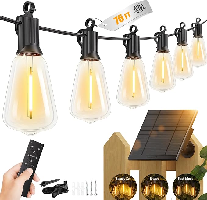 Brightown 76FT Solar String Lights Outdoor Waterproof with Remote, 23+1 LED Shatterproof Bulbs, Dimmable & Timable, 3 Light Modes - Commercial Grade Patio Lights for Garden Backyard Party Decor