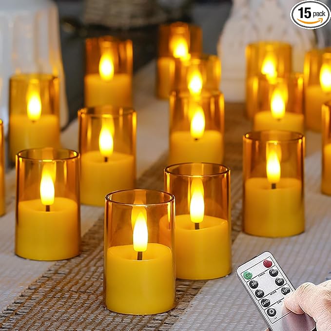 Flameless Small Tea Light LED Candles, Acrylic Battery Operated Votive 1.7" x2.5" with Remote Control and Timer, Tealight Amber Flickering Warm Light Pack of 15 Electric Long Lasting