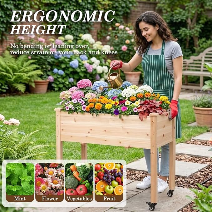 Raised Garden Bed with Lockable Wheels, 40x24x32 inch Elevated Wood Planter with Protective Liner for Vegetable Flower Herb Outdoor Balcony Patio Backyard, Natural
