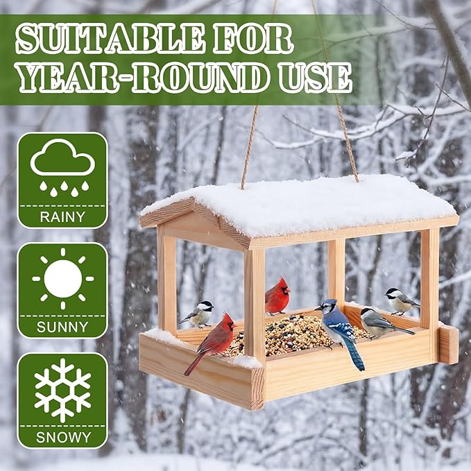 2 Pcs Wooden Bird Feeder for Outdoor Hanging, Platform Bird House, Rustic Garden Yard Decorations for Wild Birds, Cardinals, Finches, Bluebirds, Include Sloped Roof and Sturdy Rope