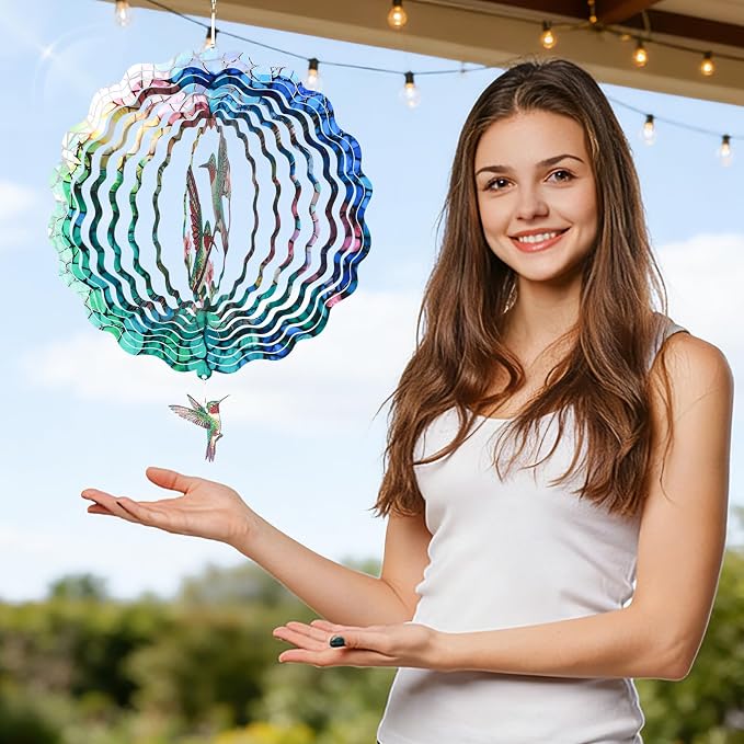 Hummingbird Wind Spinners Outdoor, IDEA SHOW 12In Mental Wind Spinners, 3D Kinetic Hanging Spinners Sculpture, Hummingbird Gift for Women Mom, Garden Decor Ornaments for Patio Yard Art