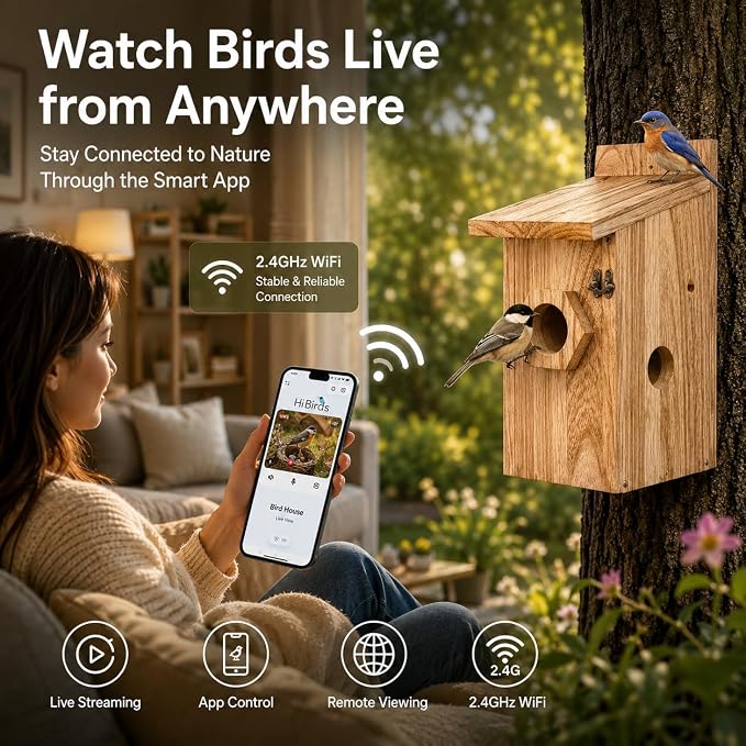 Smart Bird House with Camera – Burnt Wood Finish, AI Bird Recognition, IP66 Waterproof, Two-Way Audio, App Control, 4MP Full-Color Night Vision,Solar-Powered,Cloud & SD Storage