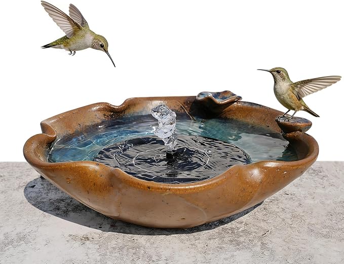 Ceramic Birdbath Solar Fountain, 12.5-Inch Heavy Duty Ceramic Bird Bath Bowl for Outdoor Water Fountain, Wildlife Drinking Station & Ground Feeder, Garden Patio Décor