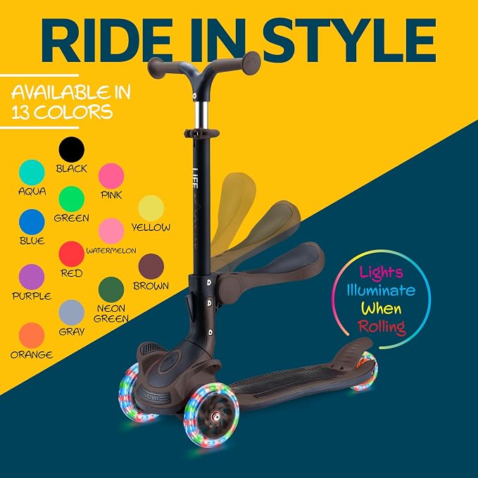 3 Wheel Scooter for Kids with Foldable Seat, Adjustable Handlebar Height, Lean-to-Steer Ride On Toy for Kids Ages 2+, Light-Up LED Wheels, Wide Anti Slip Deck, Indoor & Outdoor Use
