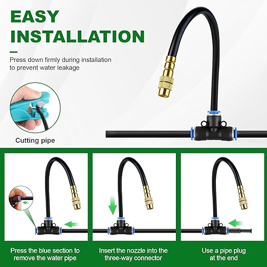 Drip Irrigation System, 100FT 1/4" Garden Watering for Outdoor Plants & Raised Beds, 30pcs Upgraded Brass Nozzles 360° Adjustable Misting Kit, UV-Resistant Tubing for Greenhouse, Lawn & Patio Cooling