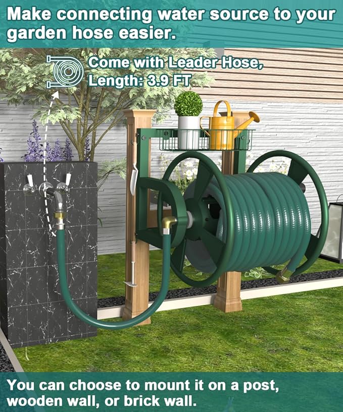 Artigarden Outdoor Wall Mounted Hose Reel with Hook, Garden Heavy-Duty Water Holder Winder with 3.9 ft Leader Hose, Brass Fitting and Storage Basket for Yard, Holds 125 Ft of 5/8-Inch Hoses, Green